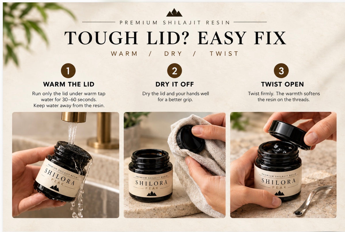 How to open a stuck Shilora Peak shilajit jar lid: warm the lid under warm water, dry it, then twist open